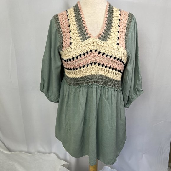 Easel Tops - Easel Boho Crochet Top Sea Foam Shirt Sz L Smocking Tie Back Pink White